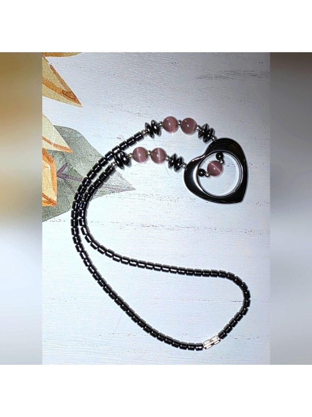 Vintage Hematite Heart Pendant Necklace Pink Accents